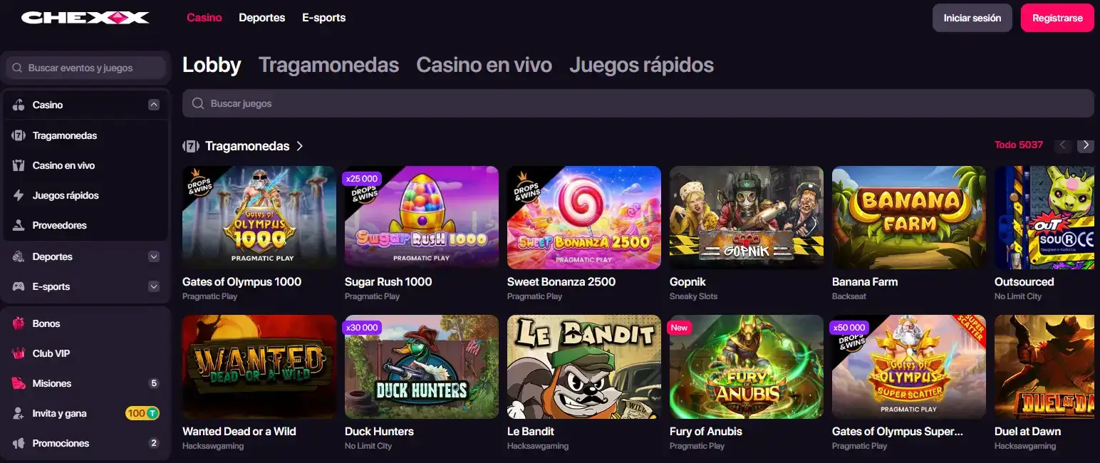 Captura real del lobby de casino de CHEXX con categorías visibles